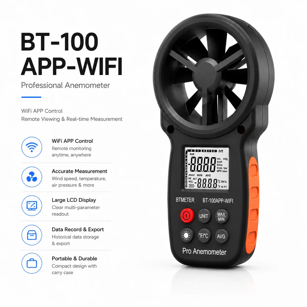 Smart Anemometer Wind Gauge with Record, WiFi App Connection & Control, Wind Meter for Monitoring Wind Speed, Temperature
Smart Anemometer Wind Gauge with Record, WiFi App Connection & Control, Wind Meter for Monitoring Wind Speed, Temperature