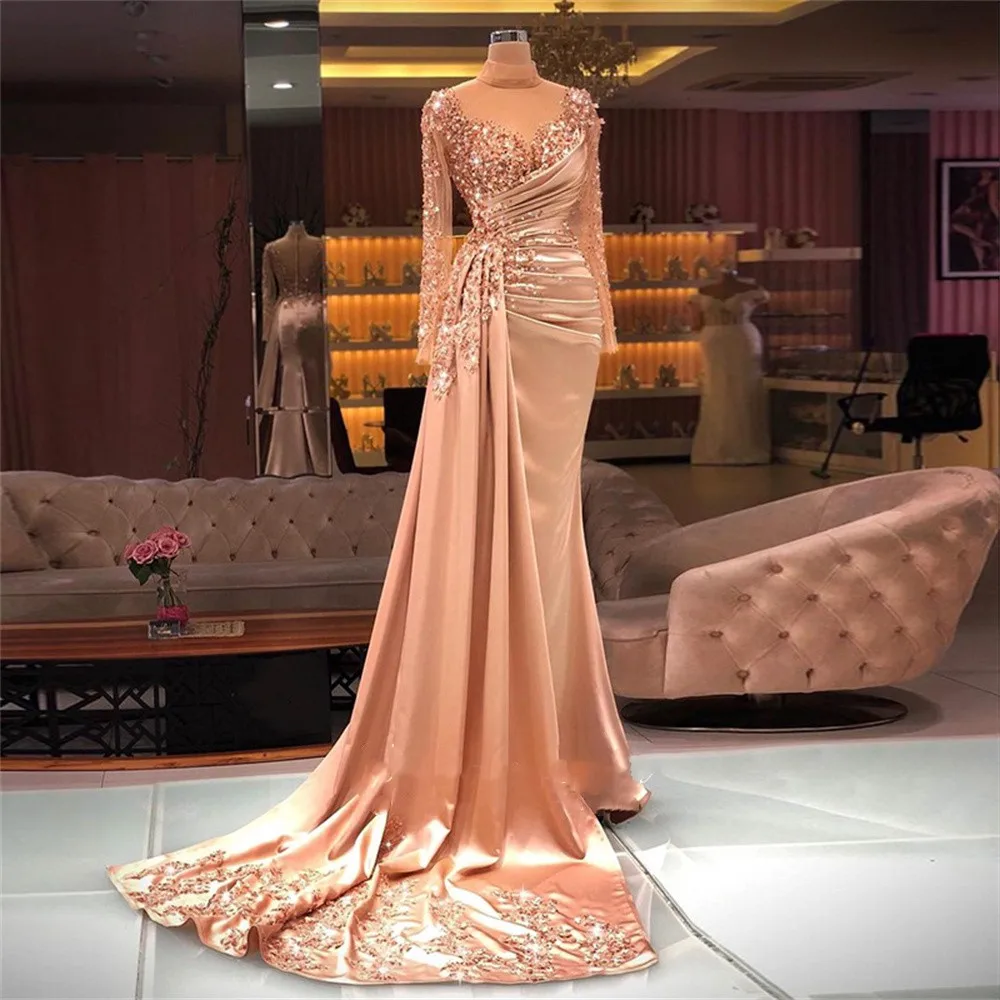 Luxurious Satin Turtleneck Crystal Evening Dress Sequin Beaded Tulle Long Sleeve Prom Dress Floor Length Party Dress Vestido De
Luxurious Satin Turtleneck Crystal Evening Dress Sequin Beaded Tulle Long Sleeve Prom Dress Floor Length Party Dress Vestido De