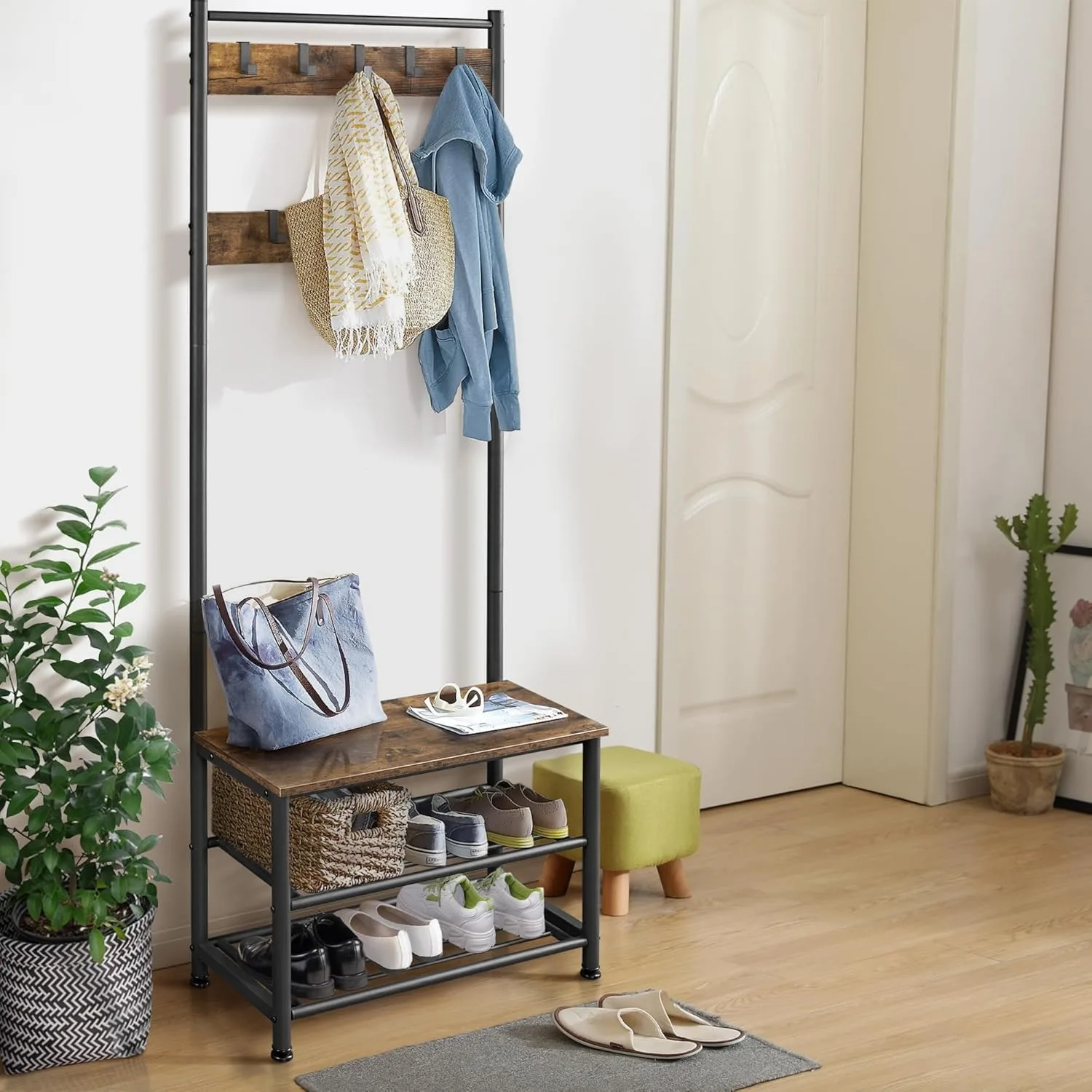 Metal Hall Tree with Shoe Storage Bench Entryway Coat Rack with 2 Shoe Shelves & 9 Movable Hooks, Rustic Brown
Metal Hall Tree with Shoe Storage Bench Entryway Coat Rack with 2 Shoe Shelves & 9 Movable Hooks, Rustic Brown