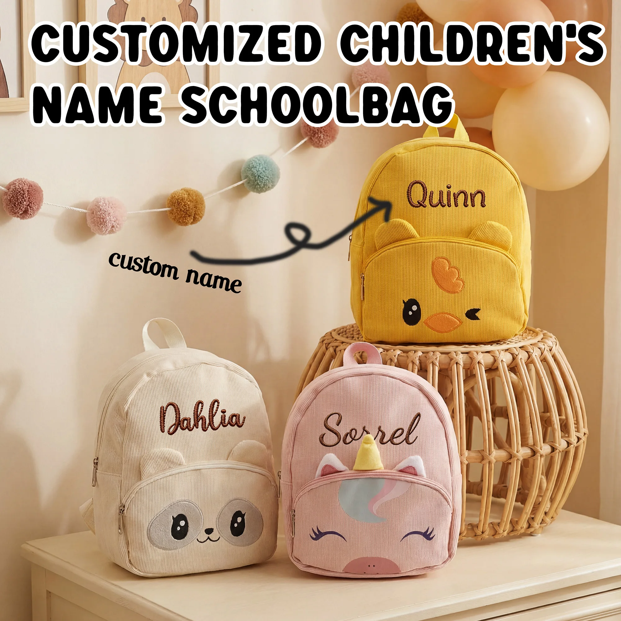 Custom Embroidered Name Kids Backpack Corduroy Cartoon Panda Unicorn Duck Toddler School Bag,Baby Shower Gift
Custom Embroidered Name Kids Backpack Corduroy Cartoon Panda Unicorn Duck Toddler School Bag,Baby Shower Gift