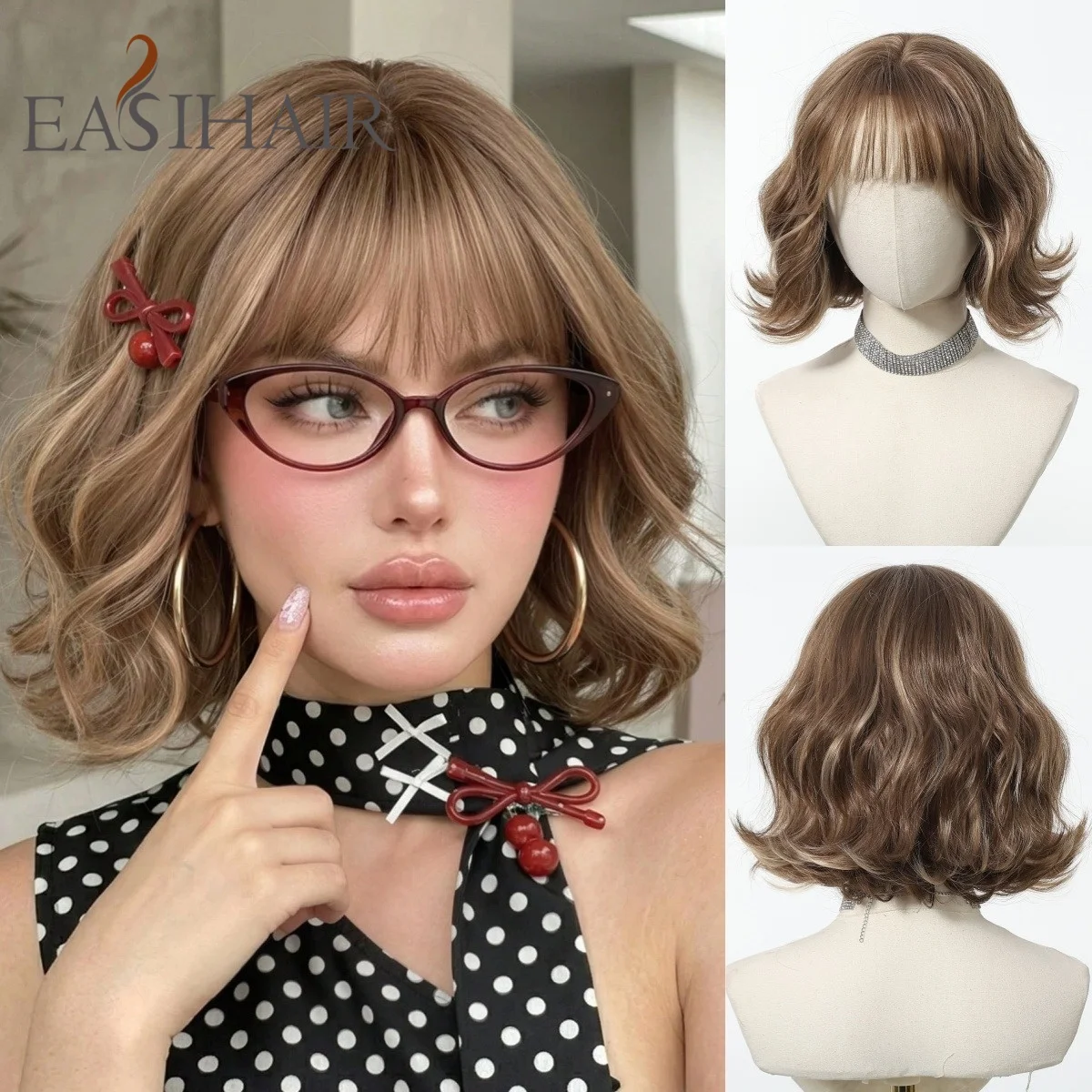 Brown With Blonde HIghlight Short Wavy Bob Wig with Bangs Heat Resistant Natural Synthetic Wig for Women Daily Party Cosplay
Brown With Blonde HIghlight Short Wavy Bob Wig with Bangs Heat Resistant Natural Synthetic Wig for Women Daily Party Cosplay
