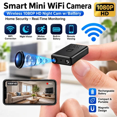 Mini WiFi Security Camera 1080P HD Wireless Video Recorder Night Vision Motion Detection Rechargeable Battery Remote Viewing For Home Office