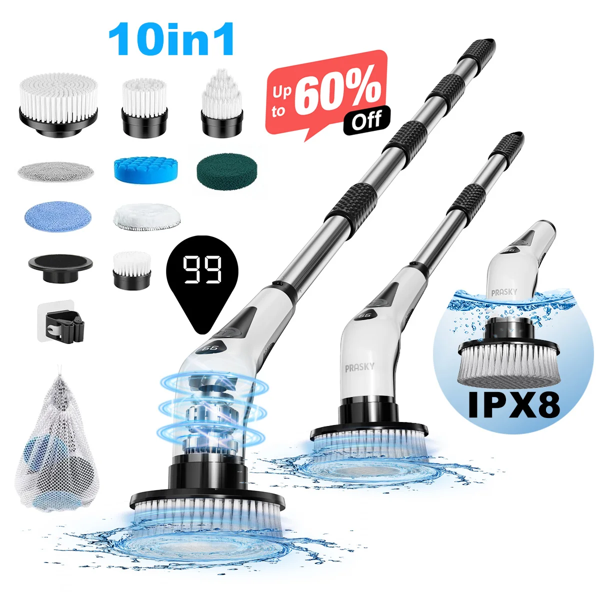 Electric Spin Scrubber Cordless IPX8 Waterproof LED Display 9 Replaceable Brush Heads 4 Adjustable Extension Handles for Bathroom Kitchen Tile Floor
Electric Spin Scrubber Cordless IPX8 Waterproof LED Display 9 Replaceable Brush Heads 4 Adjustable Extension Handles for Bathroom Kitchen Tile Floor