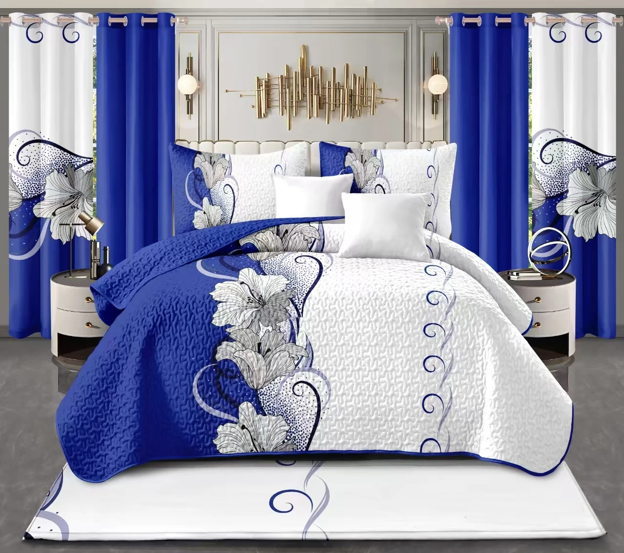 Print 9pcs Bedding Set(1*Bedspread+2*Pillowcases+2*Print Curtains+4*Solid Curtains) Soft Comfortable Blue And White
Print 9pcs Bedding Set(1*Bedspread+2*Pillowcases+2*Print Curtains+4*Solid Curtains) Soft Comfortable Blue And White