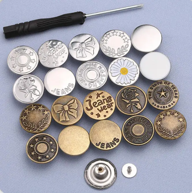 10 шт., золотые пуговицы для шитья джинсов, 17 мм, без шитья, съемные металлические кнопки без ногтей, сменные серебряные заклепки и отвертки
10 шт., золотые пуговицы для шитья джинсов, 17 мм, без шитья, съемные металлические кнопки без ногтей, сменные серебряные заклепки и отвертки