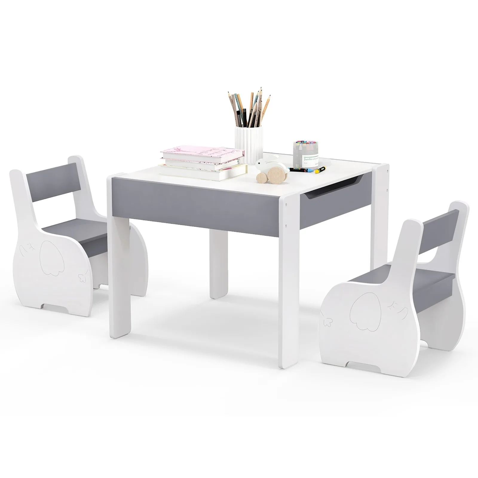 4-in-1 Kids Wooden Table & 2 Chairs Set w/ Storage Detachable Blackboard Drawing
4-in-1 Kids Wooden Table & 2 Chairs Set w/ Storage Detachable Blackboard Drawing