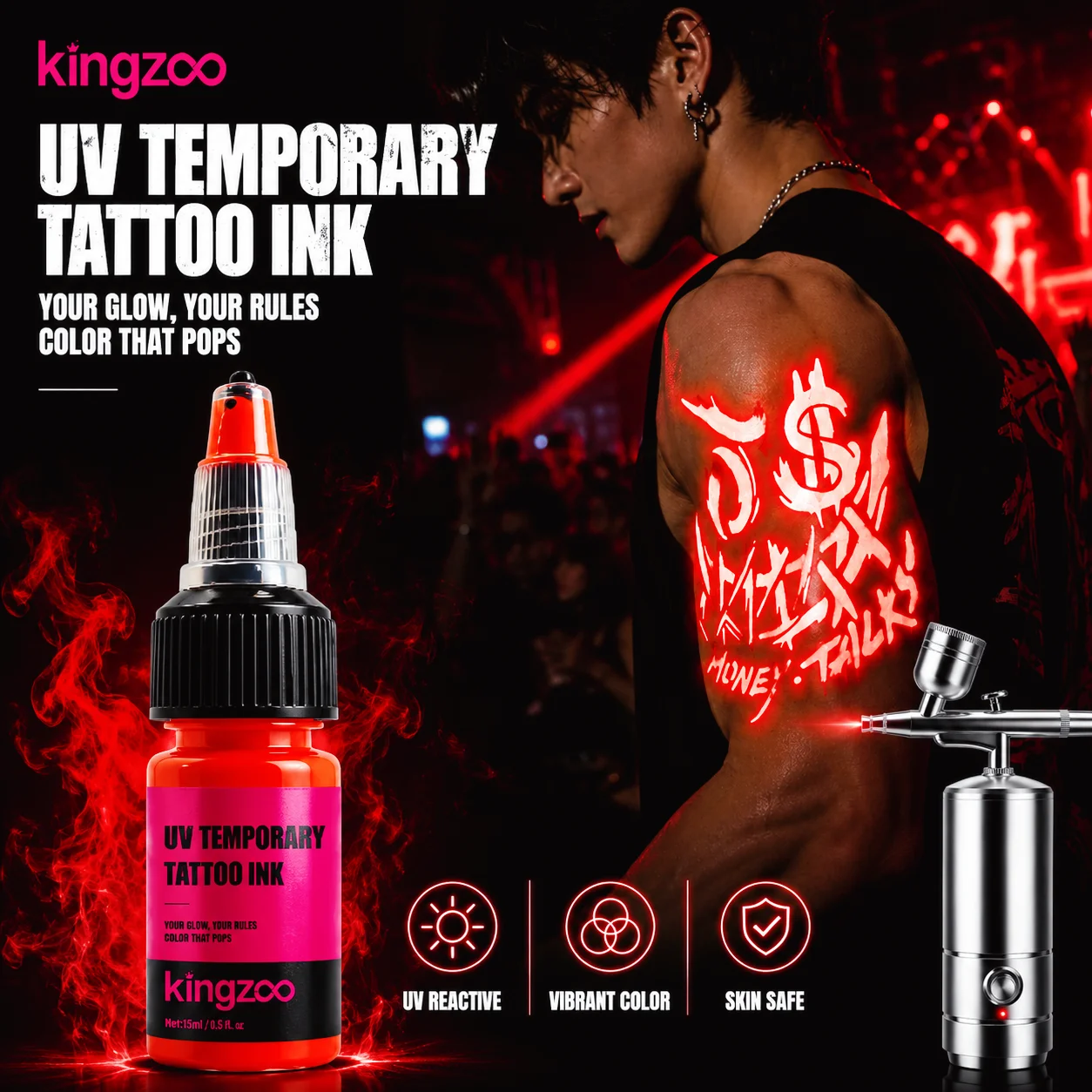 Fluorescent Tattoo Ink UV Reactive Airbrush Paint Neon Body Art Color Glow Under Blacklight for Festival Party Makeup
Fluorescent Tattoo Ink UV Reactive Airbrush Paint Neon Body Art Color Glow Under Blacklight for Festival Party Makeup