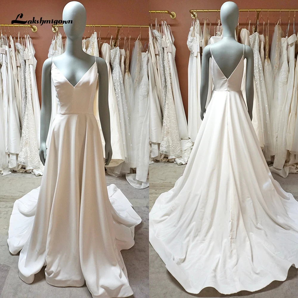 Simple Sexy V Neck Spaghetti Straps Backless With Pocket Pleat Satin A Line Wedding Dress Boho Bride Gown Sweep Vestido De Novia
Simple Sexy V Neck Spaghetti Straps Backless With Pocket Pleat Satin A Line Wedding Dress Boho Bride Gown Sweep Vestido De Novia