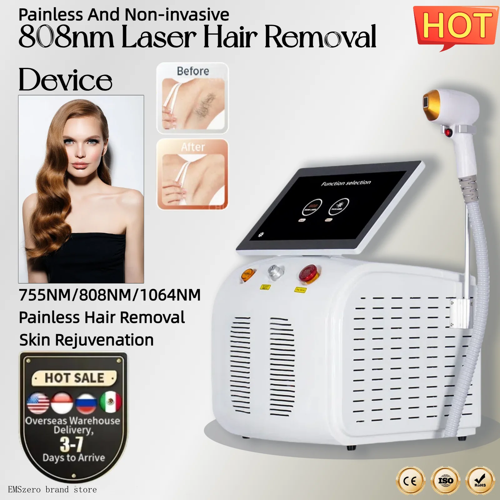 Portable 808nm 3-wavelength diode laser skin rejuvenation device fast painless hair removal follicle penetration
Portable 808nm 3-wavelength diode laser skin rejuvenation device fast painless hair removal follicle penetration