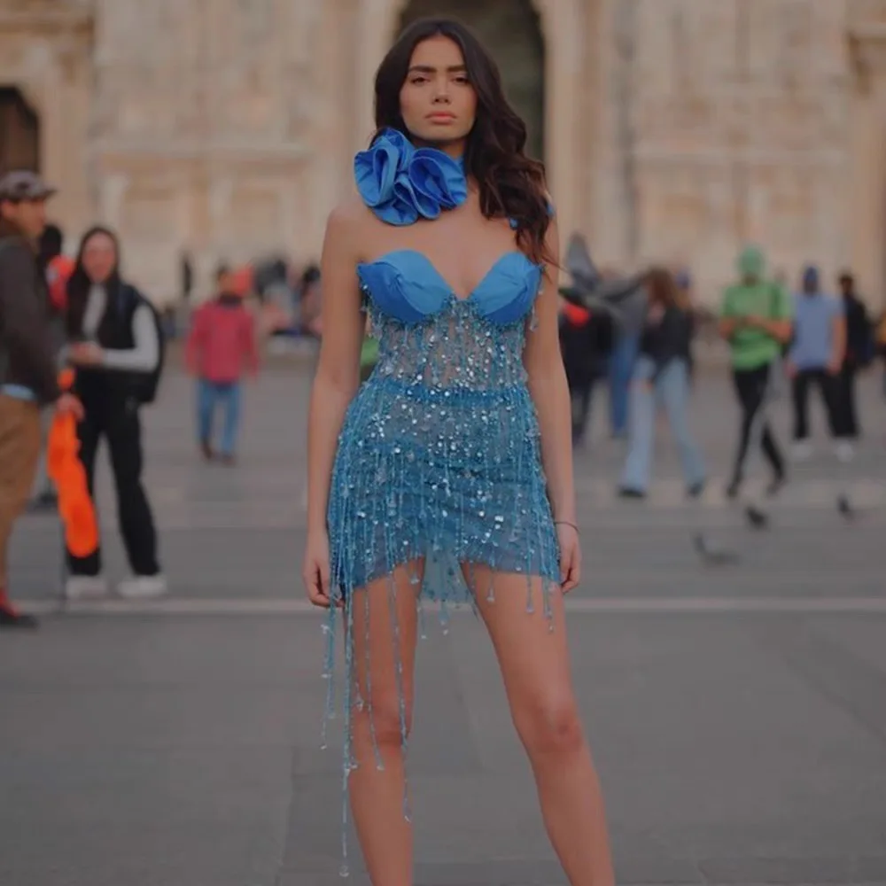 Luxury women's summer new blue sequined neck hanging flower decoration casual strapless lace bead mini dress elegant party dress
Luxury women's summer new blue sequined neck hanging flower decoration casual strapless lace bead mini dress elegant party dress