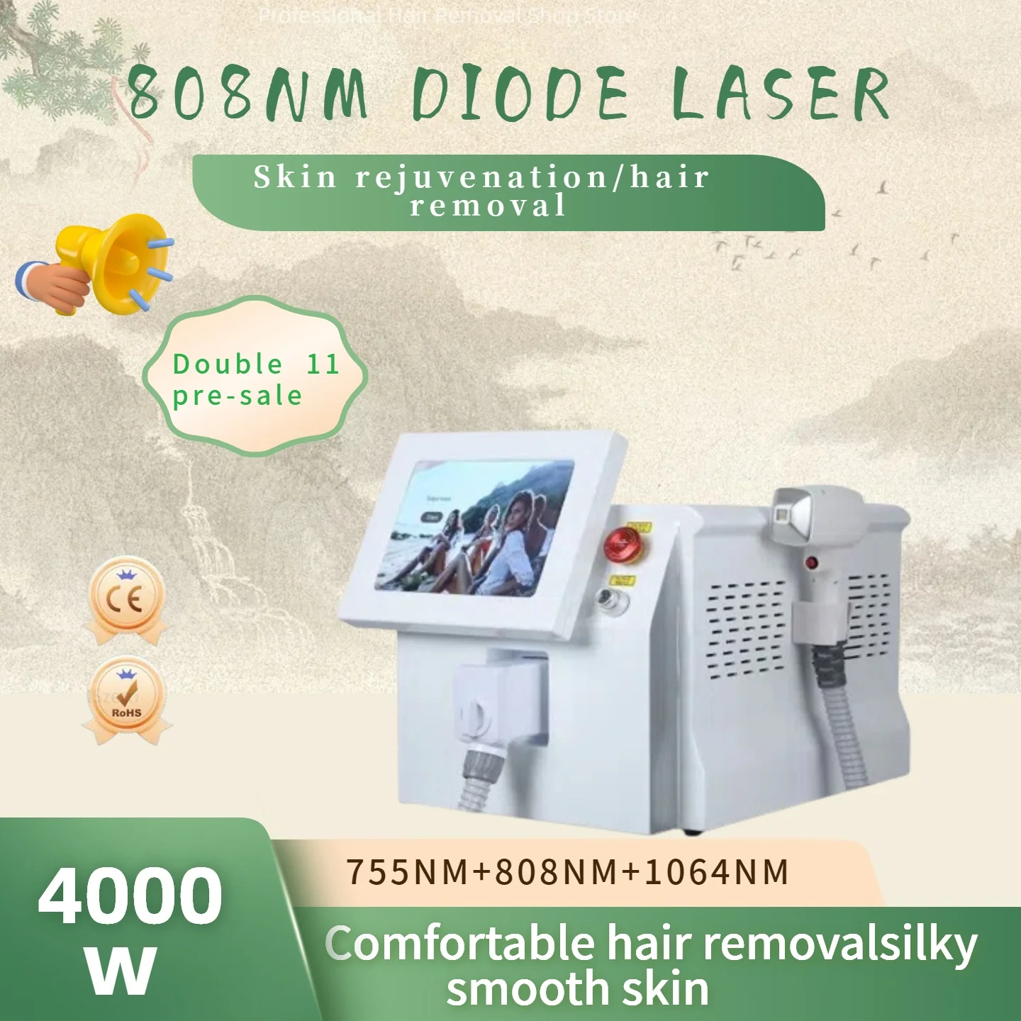 Double 11 Sale!4000W Ice Cooling Platinum Laser Hair Removal Machine 3 Waves 755 808 1064nm Diode Epilator Remove Hair.
Double 11 Sale!4000W Ice Cooling Platinum Laser Hair Removal Machine 3 Waves 755 808 1064nm Diode Epilator Remove Hair.