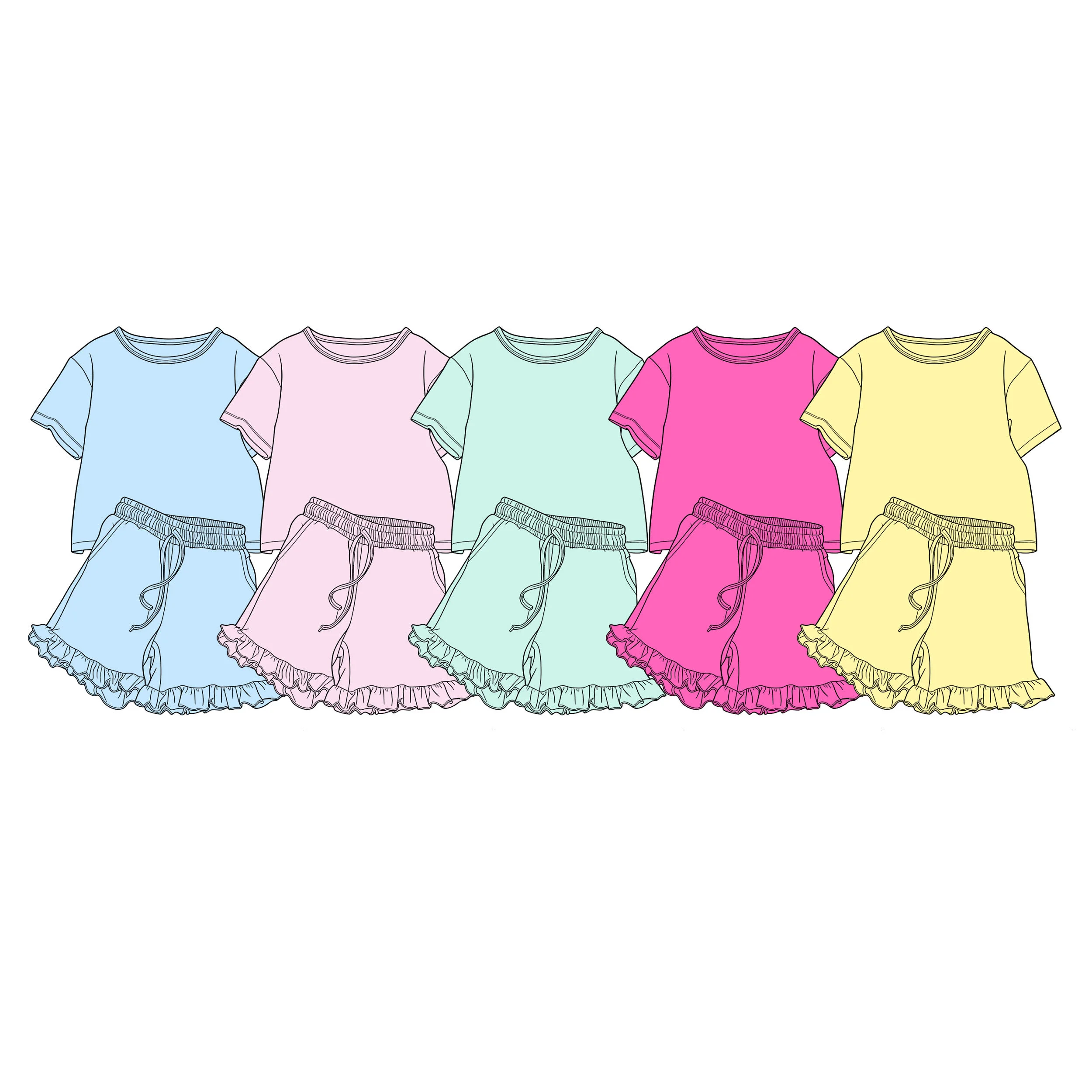 Boutique children's set loose short sleeve elastic waistband ruffles shorts pocket girls set monochrome print girls set custom
Boutique children's set loose short sleeve elastic waistband ruffles shorts pocket girls set monochrome print girls set custom