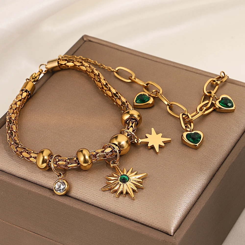 Elegant Green Zircon Heart Sun Star Pendant Bracelet for Women Golden Stainless Steel Bangle Adjustable Chain Bracelet Jewelry
Elegant Green Zircon Heart Sun Star Pendant Bracelet for Women Golden Stainless Steel Bangle Adjustable Chain Bracelet Jewelry