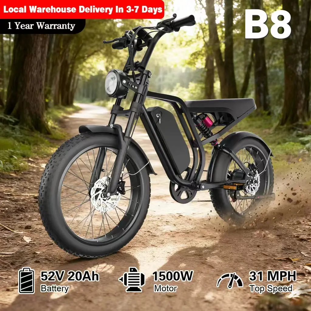 Moobelo B8 1500W 52V Ebike - 20AH Fast Charge 32MPH 60 Miles Range| All-Weather Fat Tire Adult Off-Road Snow EBike
Moobelo B8 1500W 52V Ebike - 20AH Fast Charge 32MPH 60 Miles Range| All-Weather Fat Tire Adult Off-Road Snow EBike