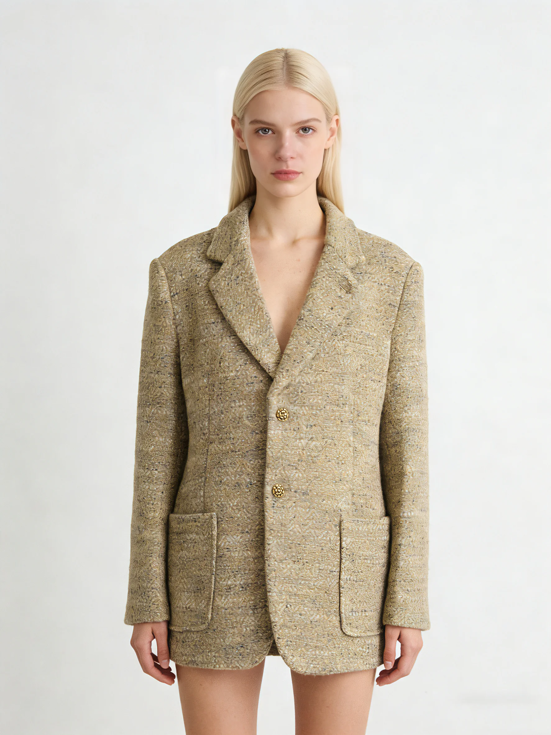 Женский бежевый твидовый пиджак с золотыми пуговицами, однобортное шерстяное пальто
Женский бежевый твидовый пиджак с золотыми пуговицами, однобортное шерстяное пальто