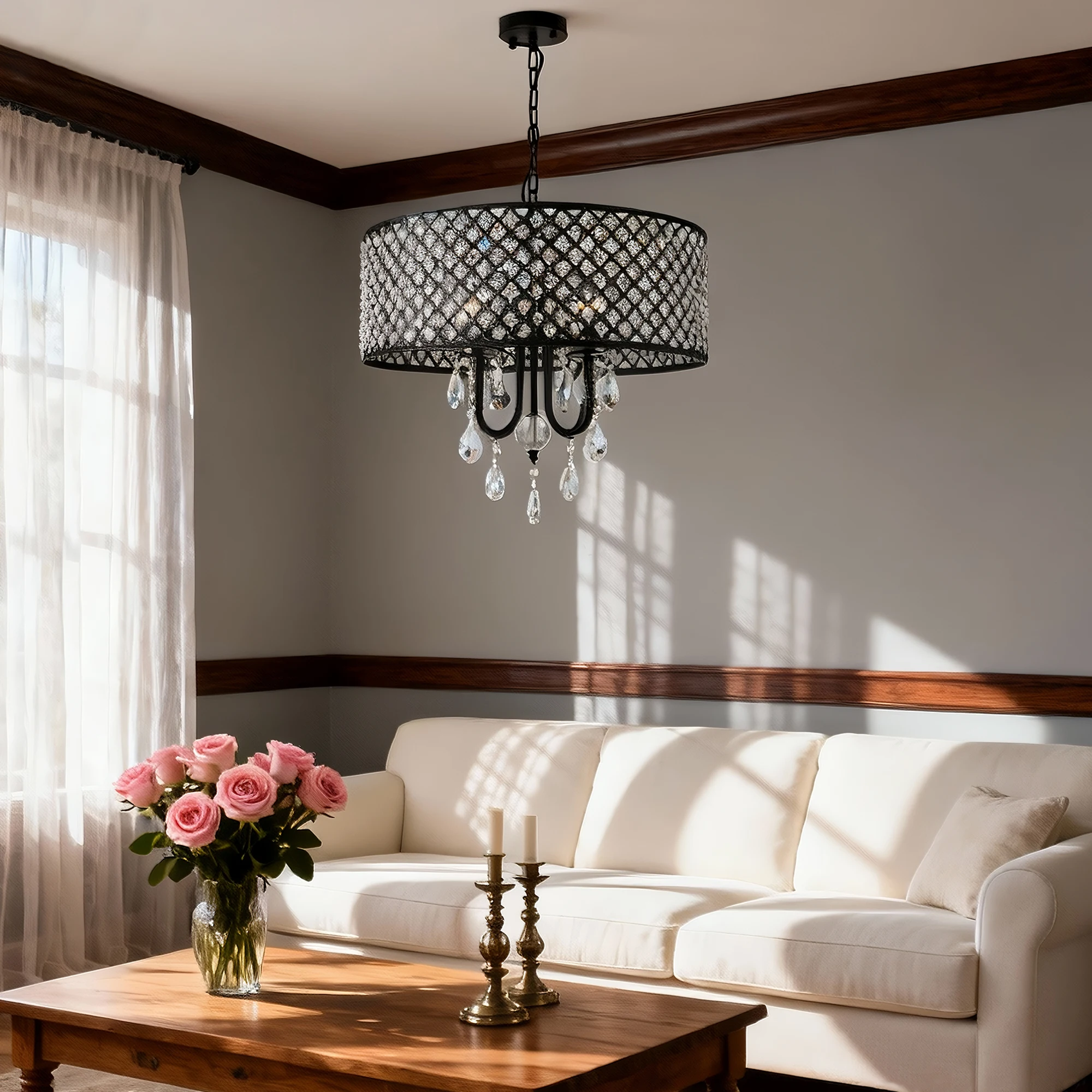 A 24-inch modern European-style black crystal chandelier, suitable for hallway, bedroom, and dining room lighting.
A 24-inch modern European-style black crystal chandelier, suitable for hallway, bedroom, and dining room lighting.