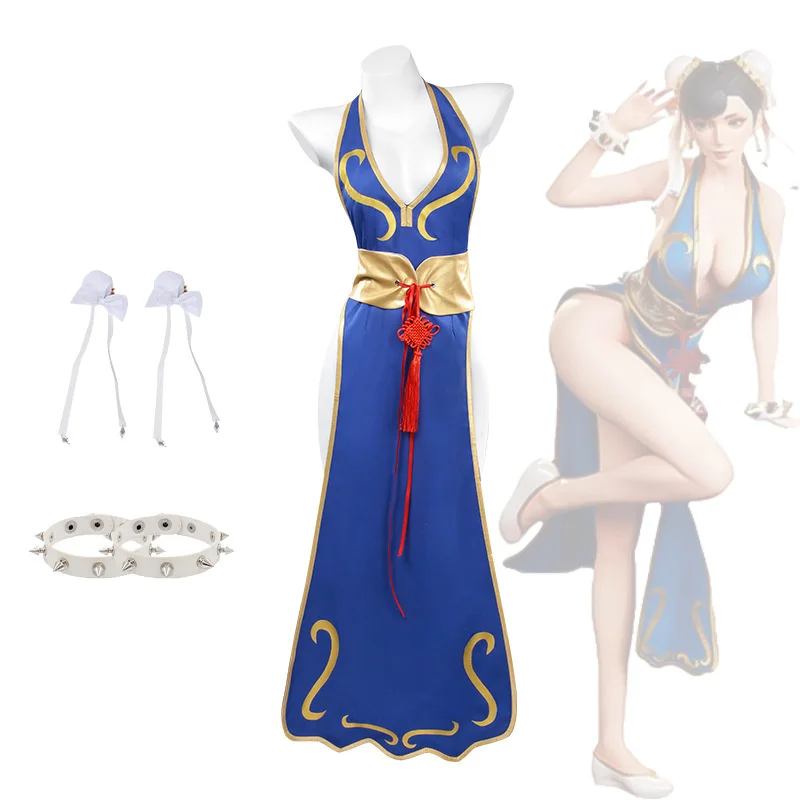 Chun-Li Cosplay Dress Blue Halter Neck High Slit Cheongsam Women Sexy Halter-neck Street Fighter Game Costume Halloween
Chun-Li Cosplay Dress Blue Halter Neck High Slit Cheongsam Women Sexy Halter-neck Street Fighter Game Costume Halloween