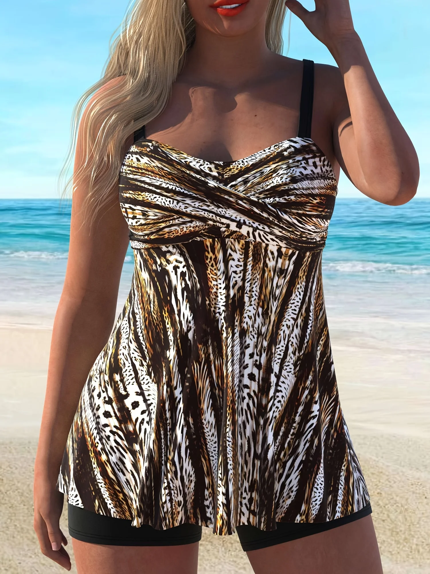 Wild Print Tankini Swimsuit Set: Gathered Slimming, Fashionable Beach Vacation Style
Wild Print Tankini Swimsuit Set: Gathered Slimming, Fashionable Beach Vacation Style