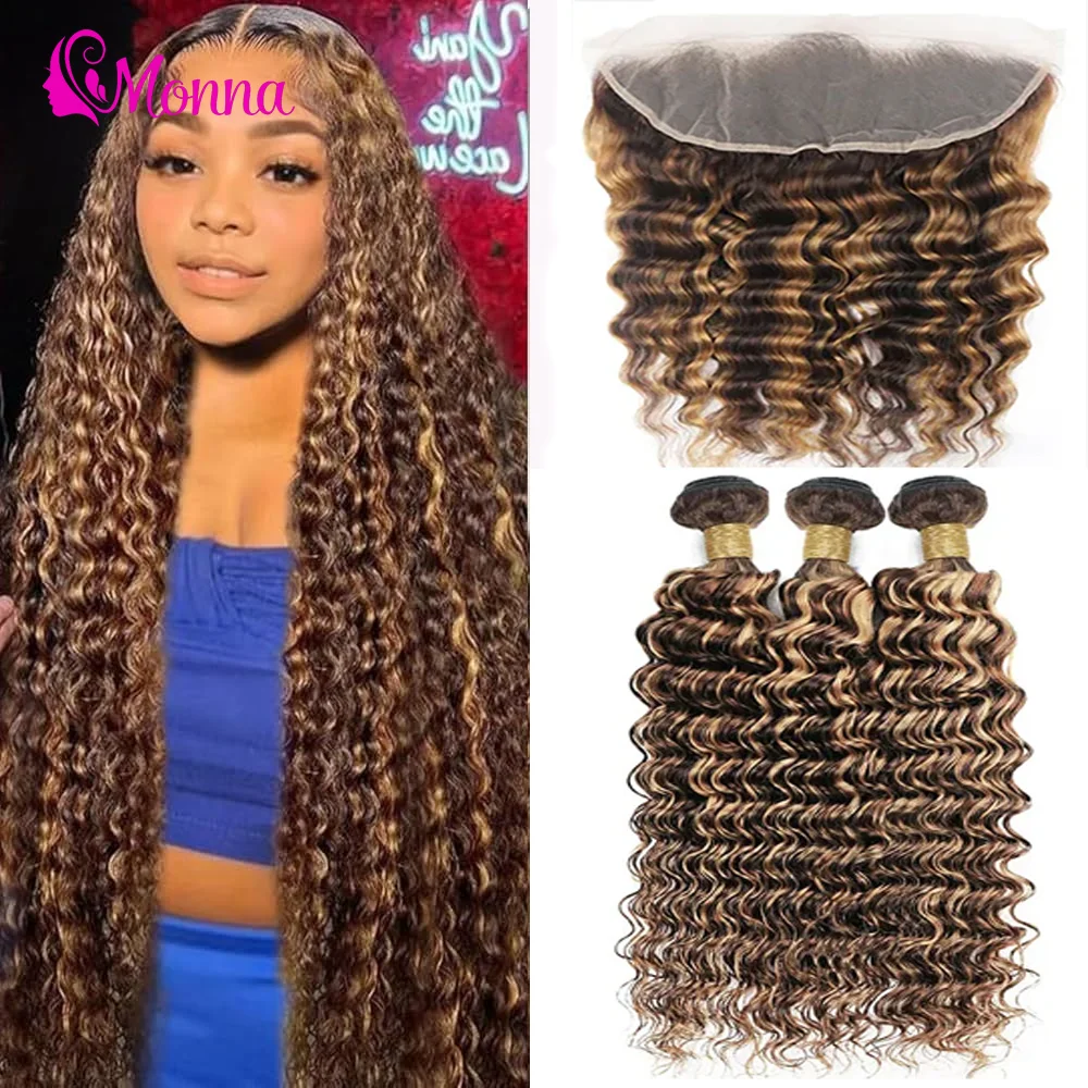 Color 4/27 Highlight Curly Human Hair 3 Bundles with 13x4 Lace Front Ombre Brown Deep Wave Bundles with Frontal For Extensions
Color 4/27 Highlight Curly Human Hair 3 Bundles with 13x4 Lace Front Ombre Brown Deep Wave Bundles with Frontal For Extensions