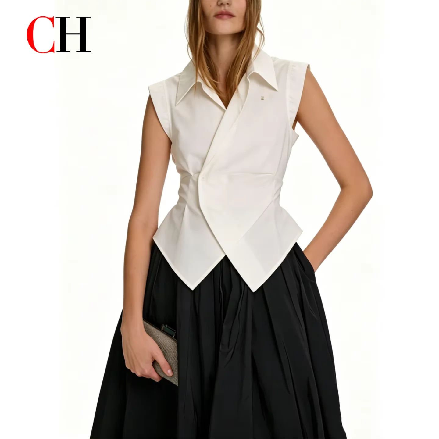 CH Metal Logo Sleeveless Shirt Women Point Collar Wrap Front Waist Cinched Asymmetric Hem French Elegant Soft Cotton Casual Tops
CH Metal Logo Sleeveless Shirt Women Point Collar Wrap Front Waist Cinched Asymmetric Hem French Elegant Soft Cotton Casual Tops