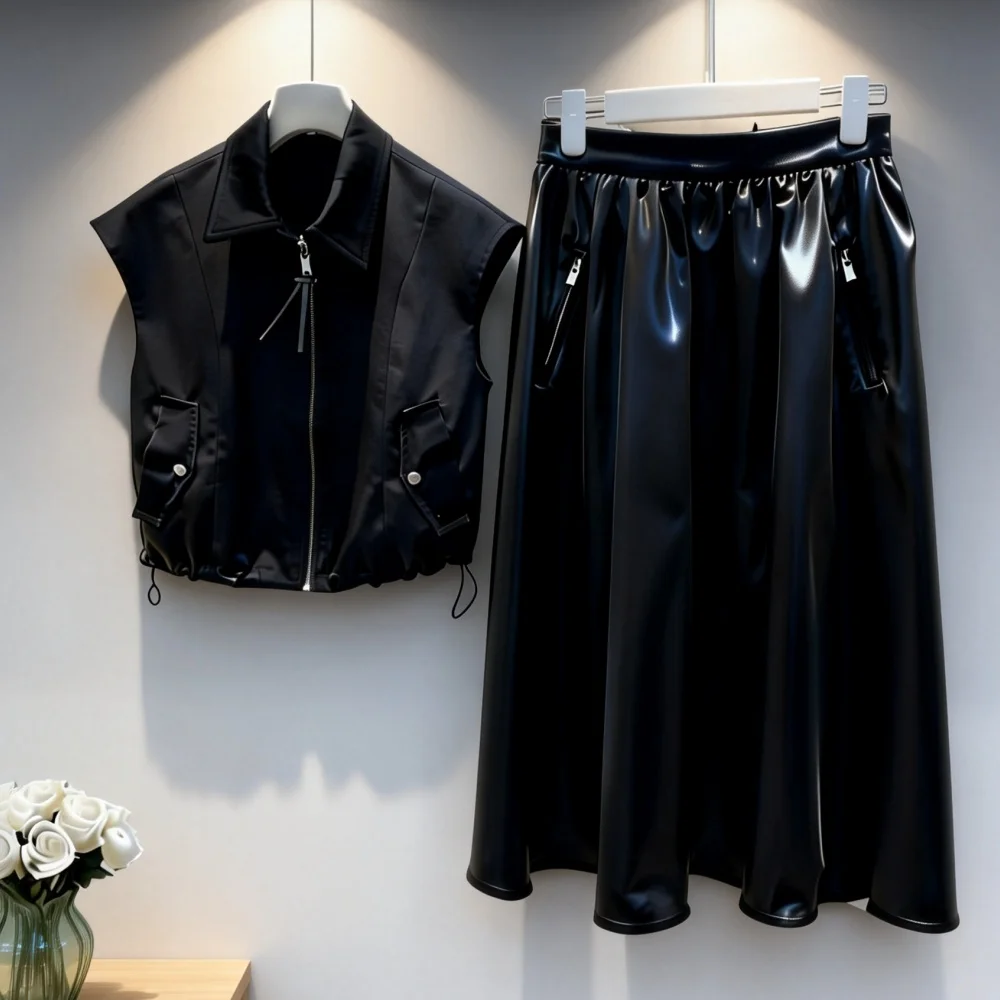 2026 Women 2 Piece Outfit Set Black Zip Up Sleeveless Vest and Faux Leather Midi Skirt Streetwear 022
2026 Women 2 Piece Outfit Set Black Zip Up Sleeveless Vest and Faux Leather Midi Skirt Streetwear 022