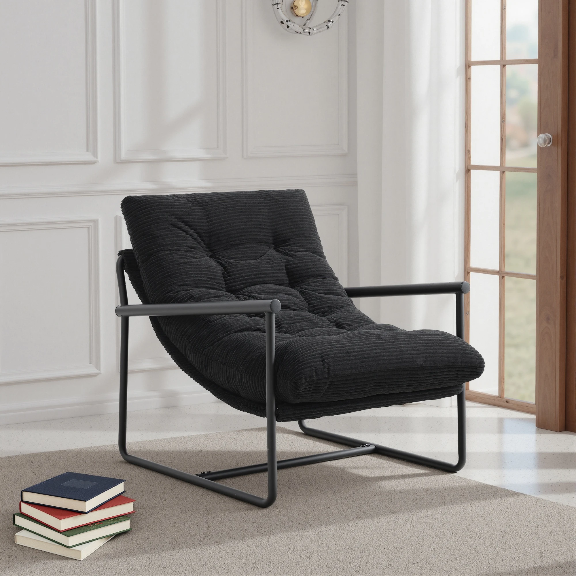 Modern Corduroy Sling Armchair, Upholstered Accent Lounge Chair with Black Metal Frame
Modern Corduroy Sling Armchair, Upholstered Accent Lounge Chair with Black Metal Frame