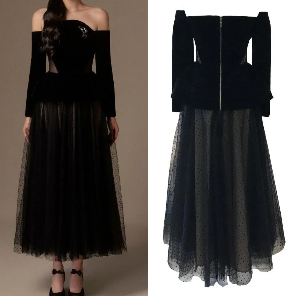 Customized Exquisite Black Jersey Evening Dress Temperament Strapless Off the Shoulder Long Sleeves Special Occasion Gowns
Customized Exquisite Black Jersey Evening Dress Temperament Strapless Off the Shoulder Long Sleeves Special Occasion Gowns