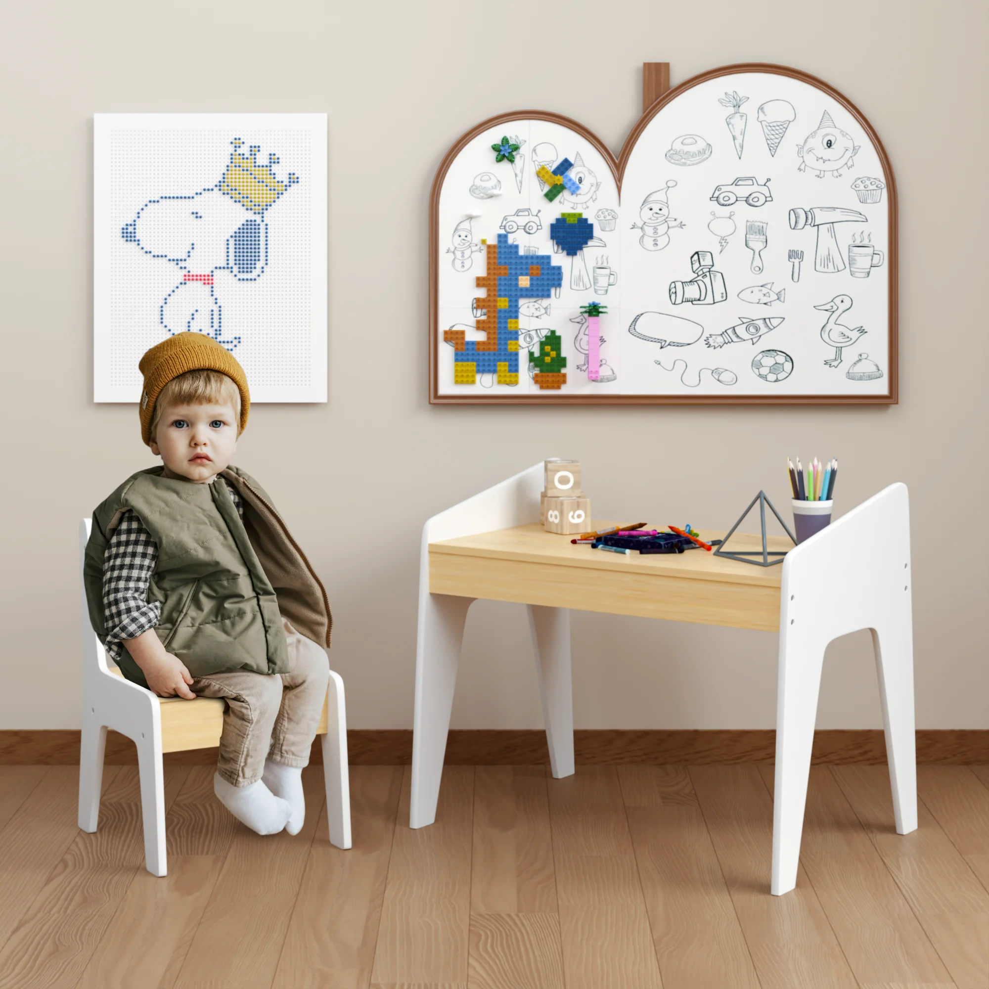 Kids Table Set with One Chair, Wooden Children Study Table, 2-8 Age Kids Funiture , White+Natural
Kids Table Set with One Chair, Wooden Children Study Table, 2-8 Age Kids Funiture , White+Natural