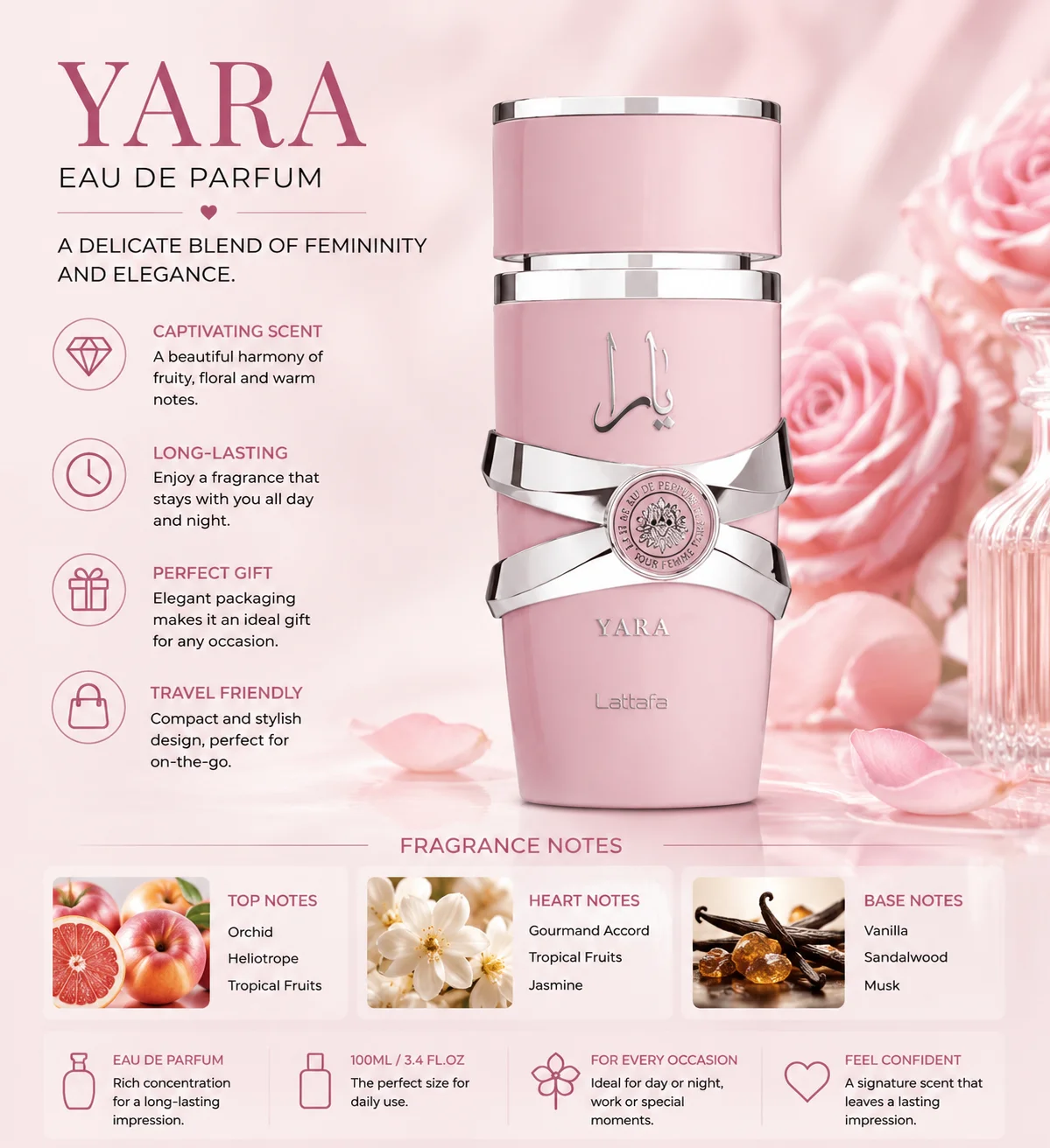 Lattafa Yara - Vanilla, Gourmand, Fruity, Floral - Eau de Parfum Long-Lasting Fragrance for Women, 3.40 Ounce / 100 ml
Lattafa Yara - Vanilla, Gourmand, Fruity, Floral - Eau de Parfum Long-Lasting Fragrance for Women, 3.40 Ounce / 100 ml