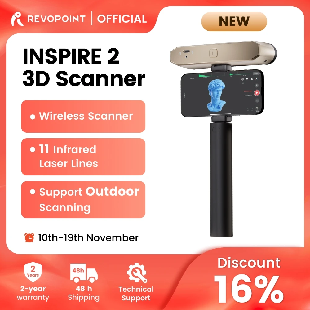 Revopoint INSPIRE 2 3D Scanner PREMIUM For 3D Print 0.05mm 30fps Outdoor Scanner Infrared Multi-line Laser HandheldScan Wireless
Revopoint INSPIRE 2 3D Scanner PREMIUM For 3D Print 0.05mm 30fps Outdoor Scanner Infrared Multi-line Laser HandheldScan Wireless
