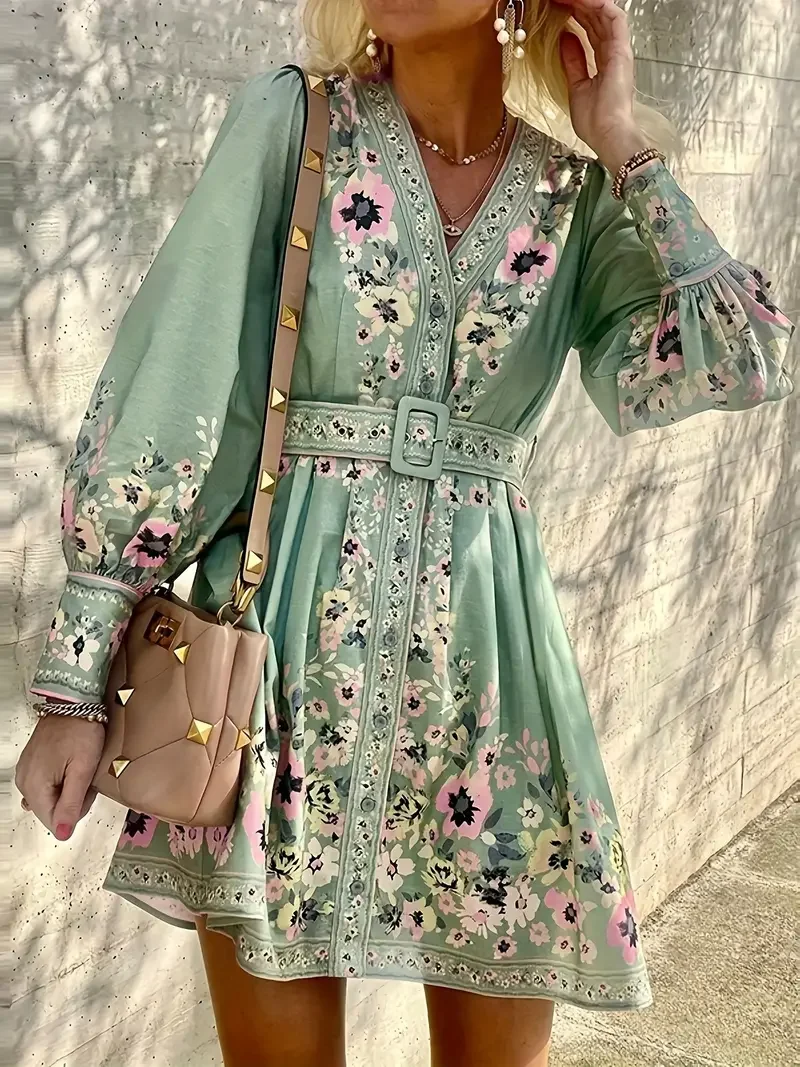 Women's Boho Floral Print V-Neck Dress - Lantern Long Sleeves, A-Line with Belt - Lightweight Polyester Spring/Summer Casual Max
Women's Boho Floral Print V-Neck Dress - Lantern Long Sleeves, A-Line with Belt - Lightweight Polyester Spring/Summer Casual Max