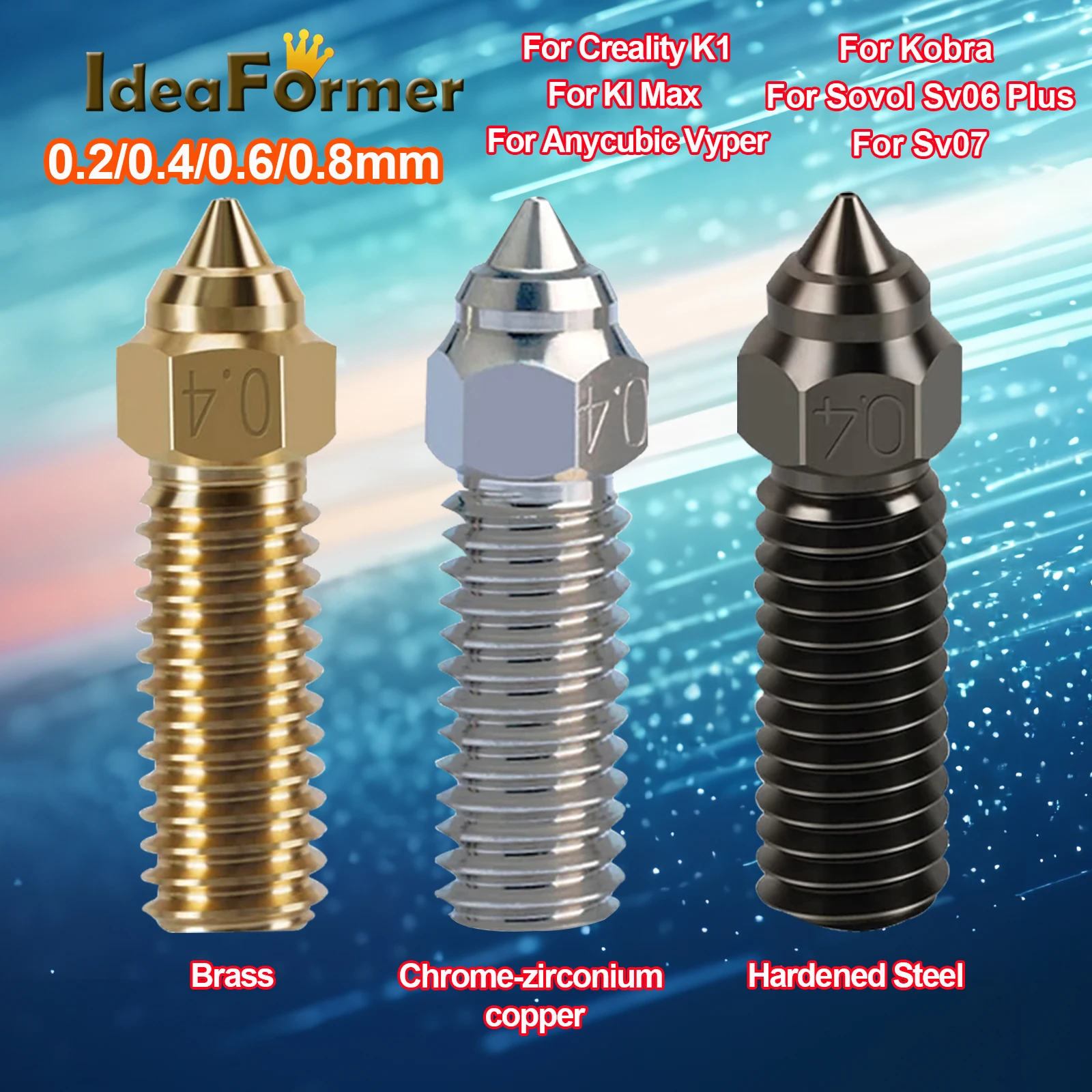 3PCS Volcano Nozzles 0.4 Brass Copper Plated Hardened Steel For Creality K1/K1 Max/ Anycubic Vyper/Kobra / Sovol Sv06 Plus/Sv07
3PCS Volcano Nozzles 0.4 Brass Copper Plated Hardened Steel For Creality K1/K1 Max/ Anycubic Vyper/Kobra / Sovol Sv06 Plus/Sv07