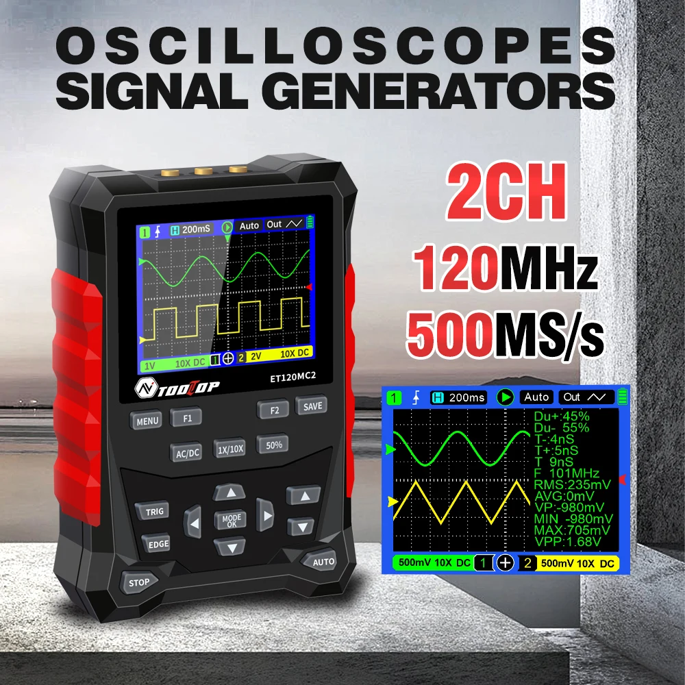 TOOLTOP 2CH Handheld Digital Oscilloscope 120MHz 500MSa/S Signal Generator Multiple Waveform Output Car Diagnostic Tools
TOOLTOP 2CH Handheld Digital Oscilloscope 120MHz 500MSa/S Signal Generator Multiple Waveform Output Car Diagnostic Tools