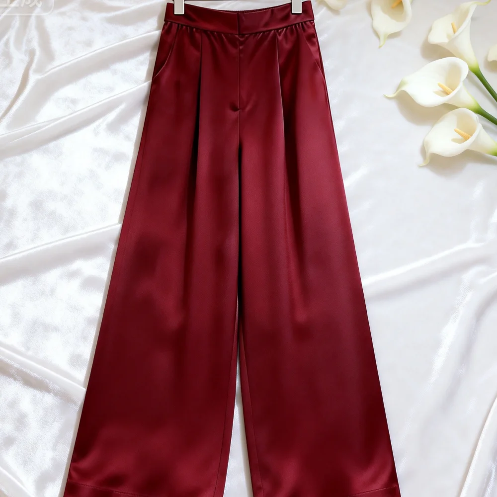 2026 Women's Wine Red Satin Wide Leg Pants High Waist Pleated Palazzo Trousers For Office Casual 006
2026 Women's Wine Red Satin Wide Leg Pants High Waist Pleated Palazzo Trousers For Office Casual 006