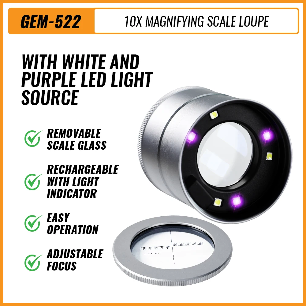 New 10x Scale Loupe Magnifying Jewelry Tool with 30mm Diameter 3 White LED and 3 UV LED Light Rechargeable for Jewelers
New 10x Scale Loupe Magnifying Jewelry Tool with 30mm Diameter 3 White LED and 3 UV LED Light Rechargeable for Jewelers