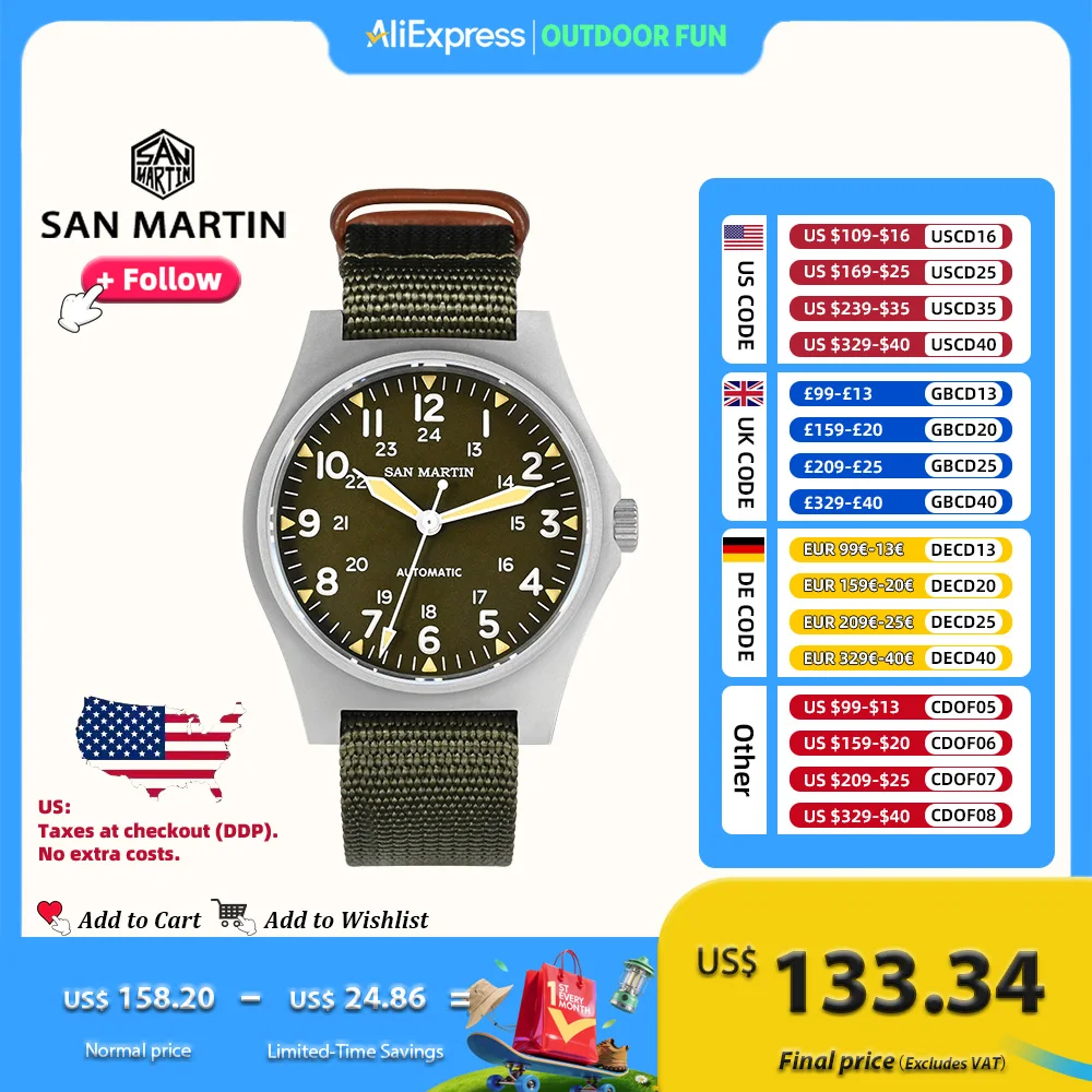 San Martin 38mm NH35 Retro Military Pilot Watch Bead Blasted Case Automatic Mechanical Watches for Men 10Bar Waterproof Luminous
San Martin 38mm NH35 Retro Military Pilot Watch Bead Blasted Case Automatic Mechanical Watches for Men 10Bar Waterproof Luminous