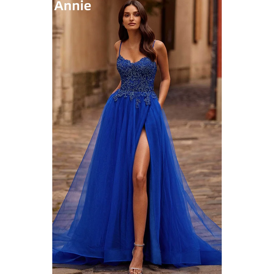 Annie Blue Embroidery Prom Dresses Spaghetti Strap Tulle Evening Dresses A-line Side Slit Ladies Party Dresses فساتين سهرة
Annie Blue Embroidery Prom Dresses Spaghetti Strap Tulle Evening Dresses A-line Side Slit Ladies Party Dresses فساتين سهرة