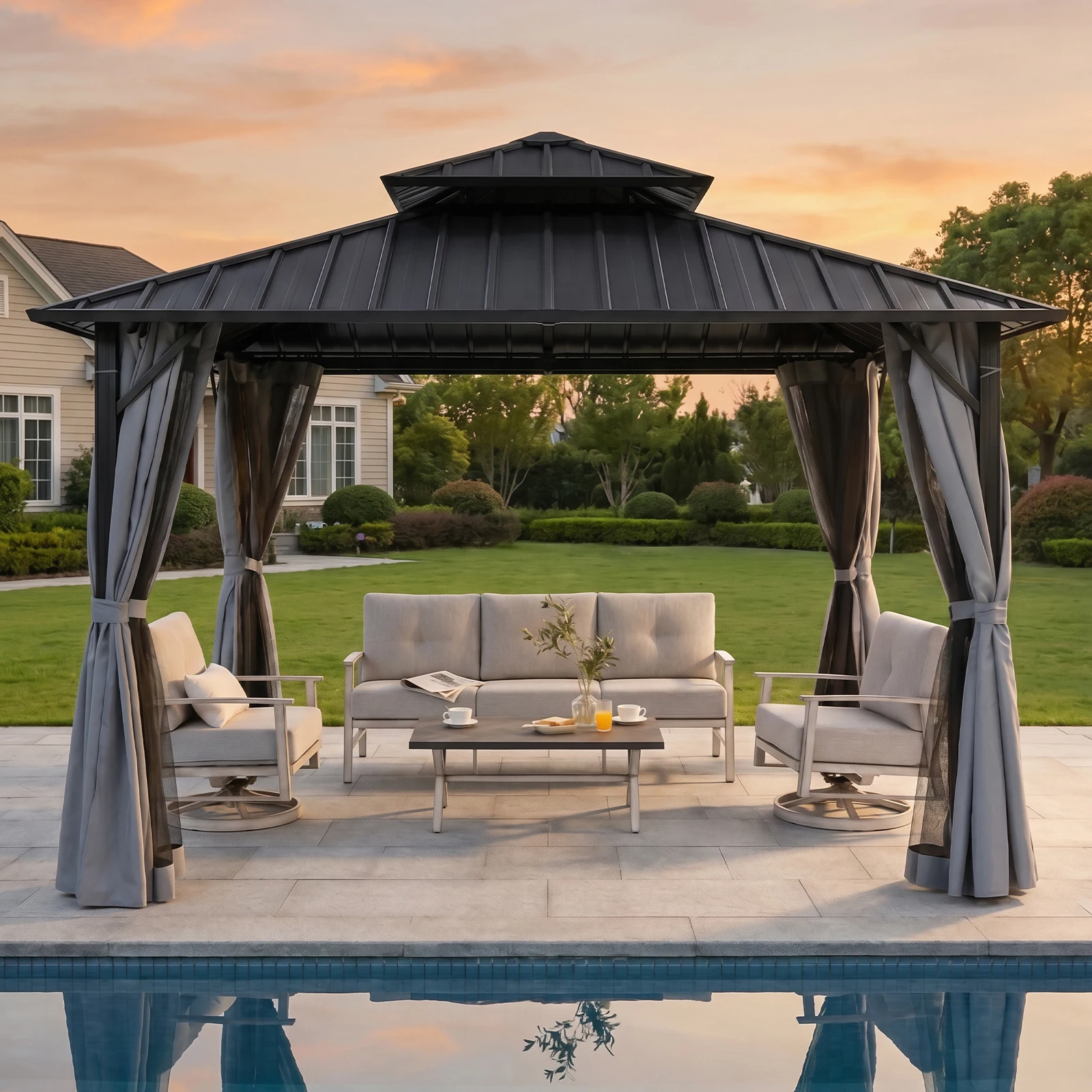 SeeHill 12' x 12' Aluminum Frame Hardtop Gazebo, Outdoor Patio Pergola with Curtains, Netting, and Double Metal Roofs
SeeHill 12' x 12' Aluminum Frame Hardtop Gazebo, Outdoor Patio Pergola with Curtains, Netting, and Double Metal Roofs