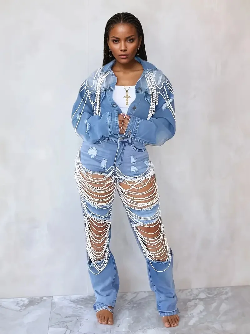 Women's Embroidered Denim Jacket with Pearl Chains, Handmade Beaded Casual Jacket Coat for Women Streetwear Spring/Summer Fashio
Women's Embroidered Denim Jacket with Pearl Chains, Handmade Beaded Casual Jacket Coat for Women Streetwear Spring/Summer Fashio