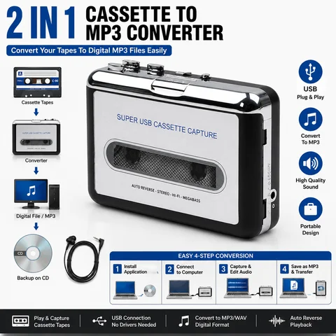 Portable USB Cassette Player to MP3 Converter Tape Audio Capture Recorder Digital Music Converter with Earphones Cable