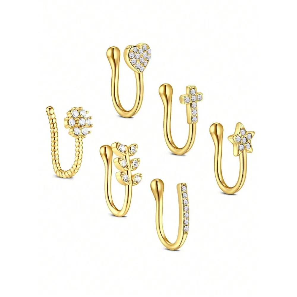 6Pcs/Set Non Piercing Jewelry Zircon Heart Flower Star Shape Indian Bulk Clip On Gold Nose Rings Fake Nose Clip
6Pcs/Set Non Piercing Jewelry Zircon Heart Flower Star Shape Indian Bulk Clip On Gold Nose Rings Fake Nose Clip