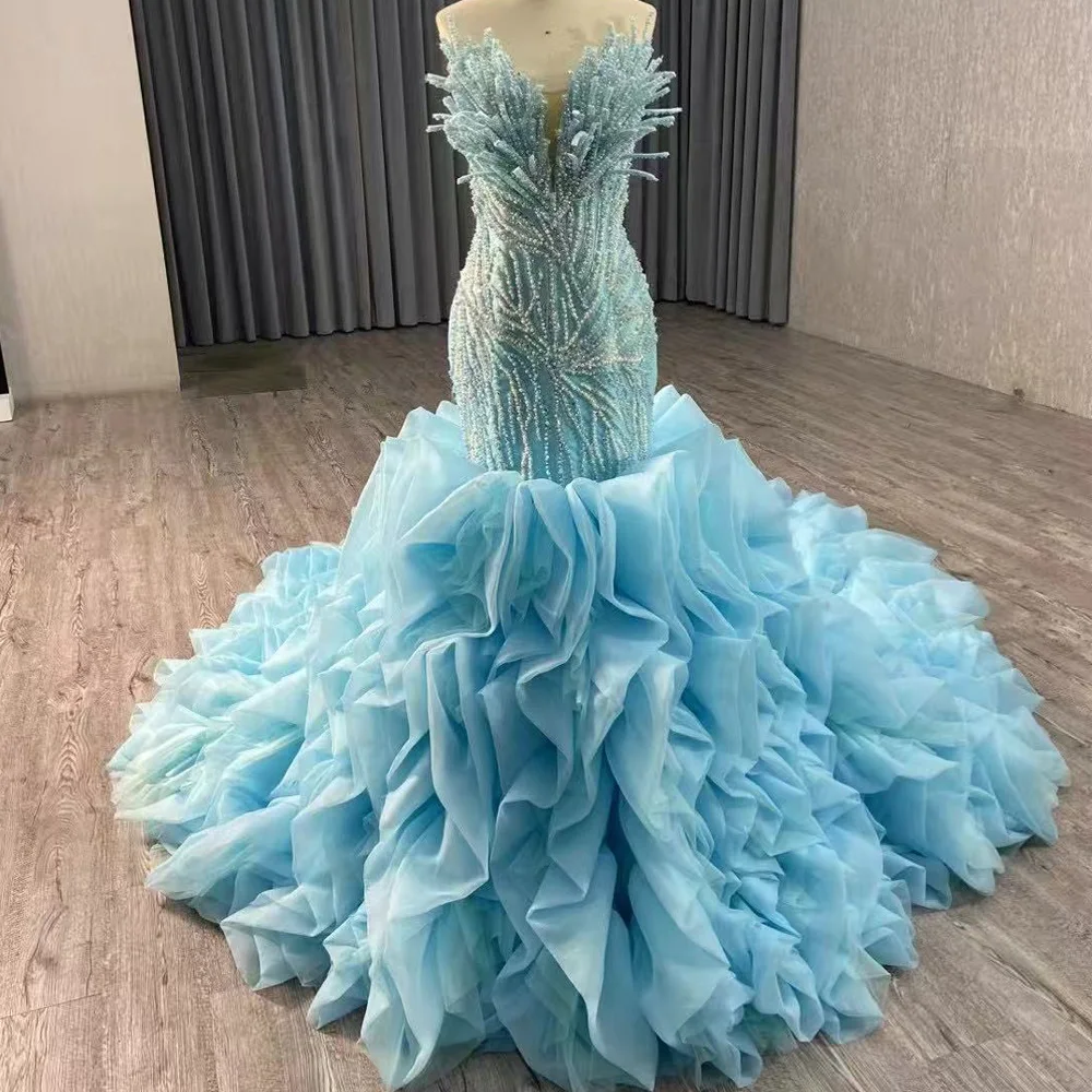 Vestido De Gala Noche Mujer Sleeveless Sweetheart Evening Dress Beaded Lace Blue Long Ruffles Dress For Special Occasions
Vestido De Gala Noche Mujer Sleeveless Sweetheart Evening Dress Beaded Lace Blue Long Ruffles Dress For Special Occasions