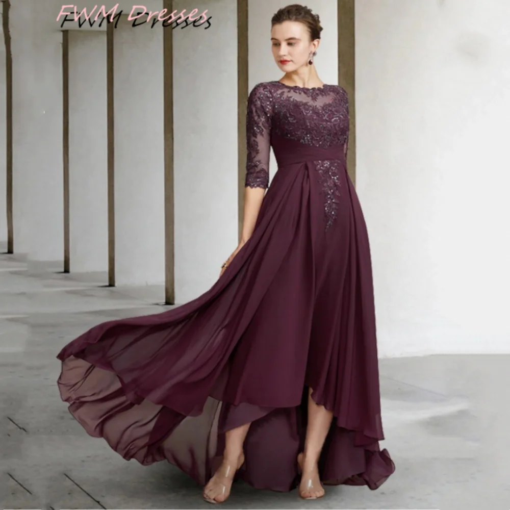 Dark Purple High Low Mother of the Bride Dresses Elegant Jewel Neck Chiffon Lace Appliques Half Sleeve Bridal Party Gown
Dark Purple High Low Mother of the Bride Dresses Elegant Jewel Neck Chiffon Lace Appliques Half Sleeve Bridal Party Gown