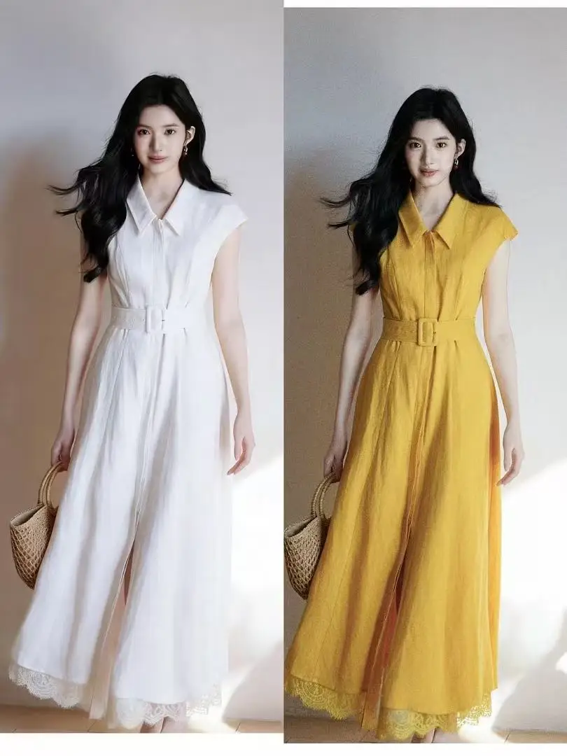 Women's solid color waist-cinching lace trimmed dress with belt
Women's solid color waist-cinching lace trimmed dress with belt