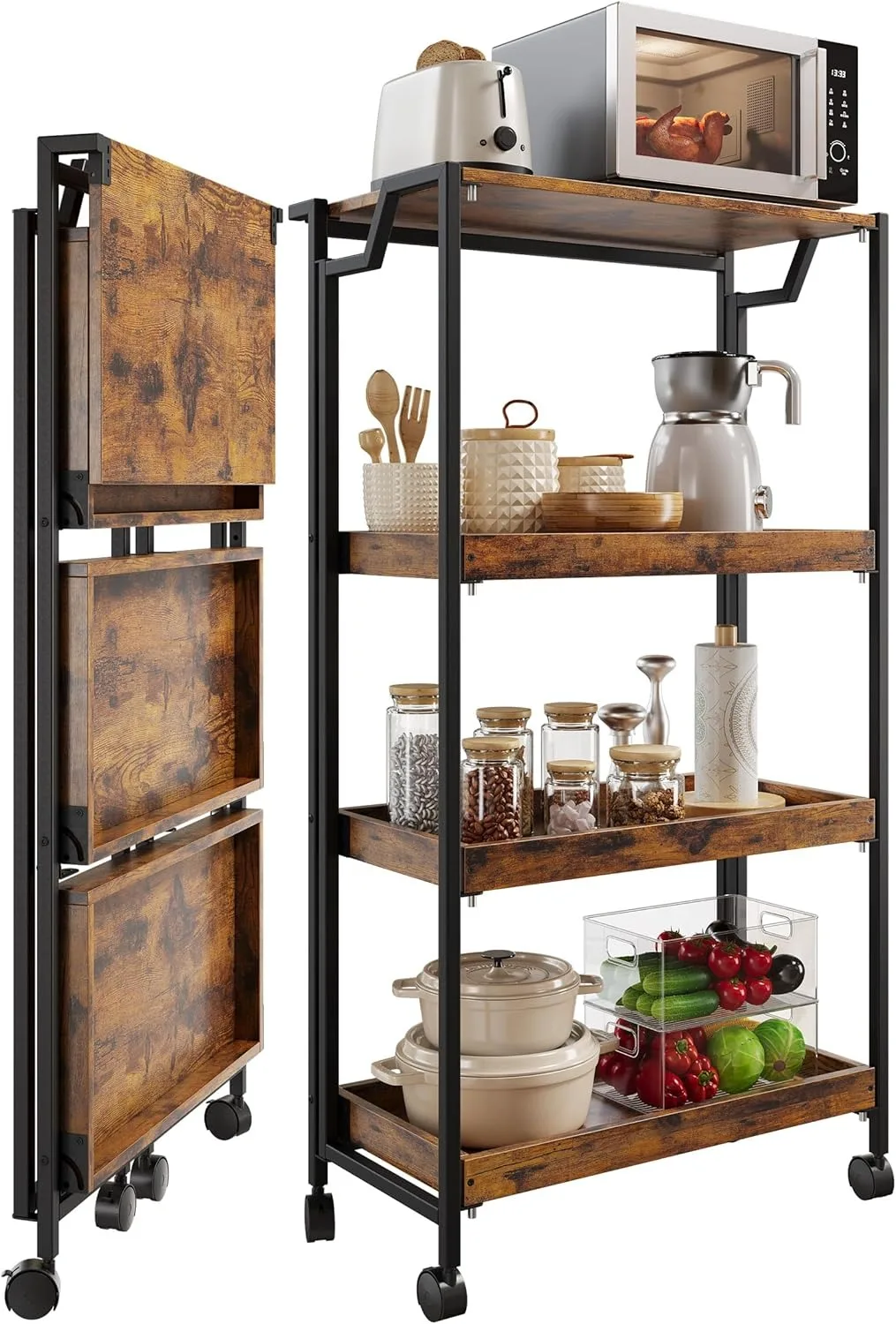 Large 4-Tier Wooden Folding Storage Shelf Cart with Locking Wheel, Expandable Kitchen Organizer Rack, 100 Lbs Loading Hea
Large 4-Tier Wooden Folding Storage Shelf Cart with Locking Wheel, Expandable Kitchen Organizer Rack, 100 Lbs Loading Hea