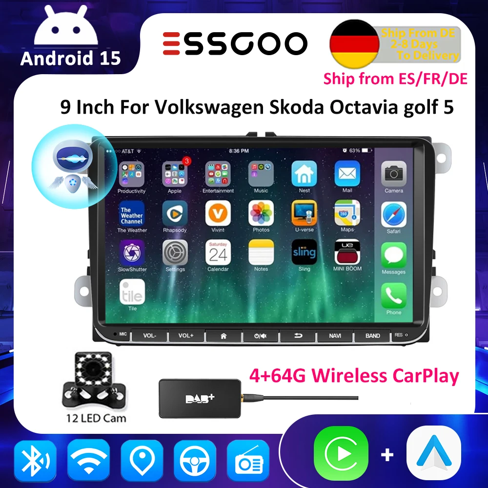 ESSGOO Android 15 Автомобильный мультимедийный плеер 9-дюймовый автомобильный радиоприемник Carplay для Volkswagen Skoda Octavia Golf 5 Touran Passat Polo Jetta
ESSGOO Android 15 Автомобильный мультимедийный плеер 9-дюймовый автомобильный радиоприемник Carplay для Volkswagen Skoda Octavia Golf 5 Touran Passat Polo Jetta