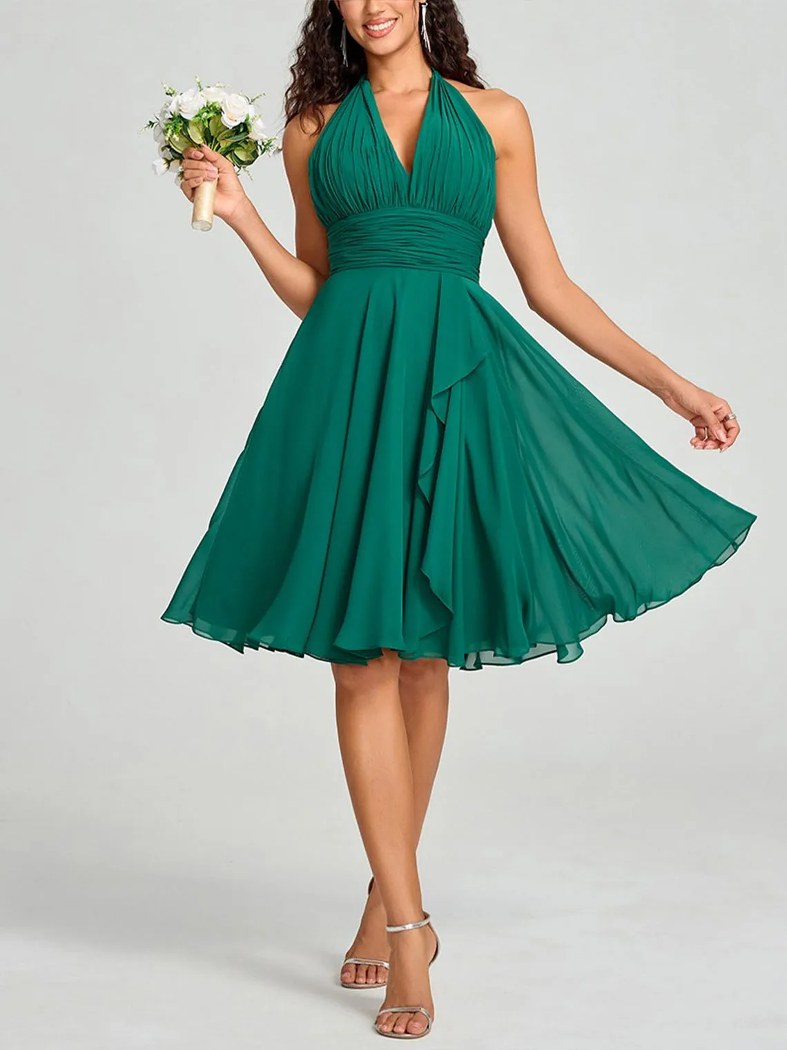 Elegant Chiffon A-line Princess Halter Sleeveless Short Mini Bridesmaid Dress with Ruffles Prom Dress 2025 free customized 
Elegant Chiffon A-line Princess Halter Sleeveless Short Mini Bridesmaid Dress with Ruffles Prom Dress 2025 free customized