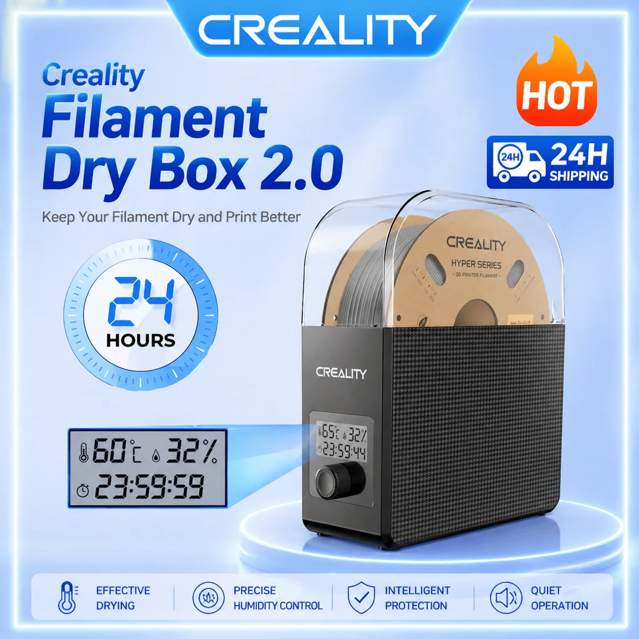 Creality New 1KG Filament Dry Box 2.0 Adjustable Temperature 45℃-65℃ Real-time Humidity Monitoring Hot-Air Heating 0-24h Setting
Creality New 1KG Filament Dry Box 2.0 Adjustable Temperature 45℃-65℃ Real-time Humidity Monitoring Hot-Air Heating 0-24h Setting
