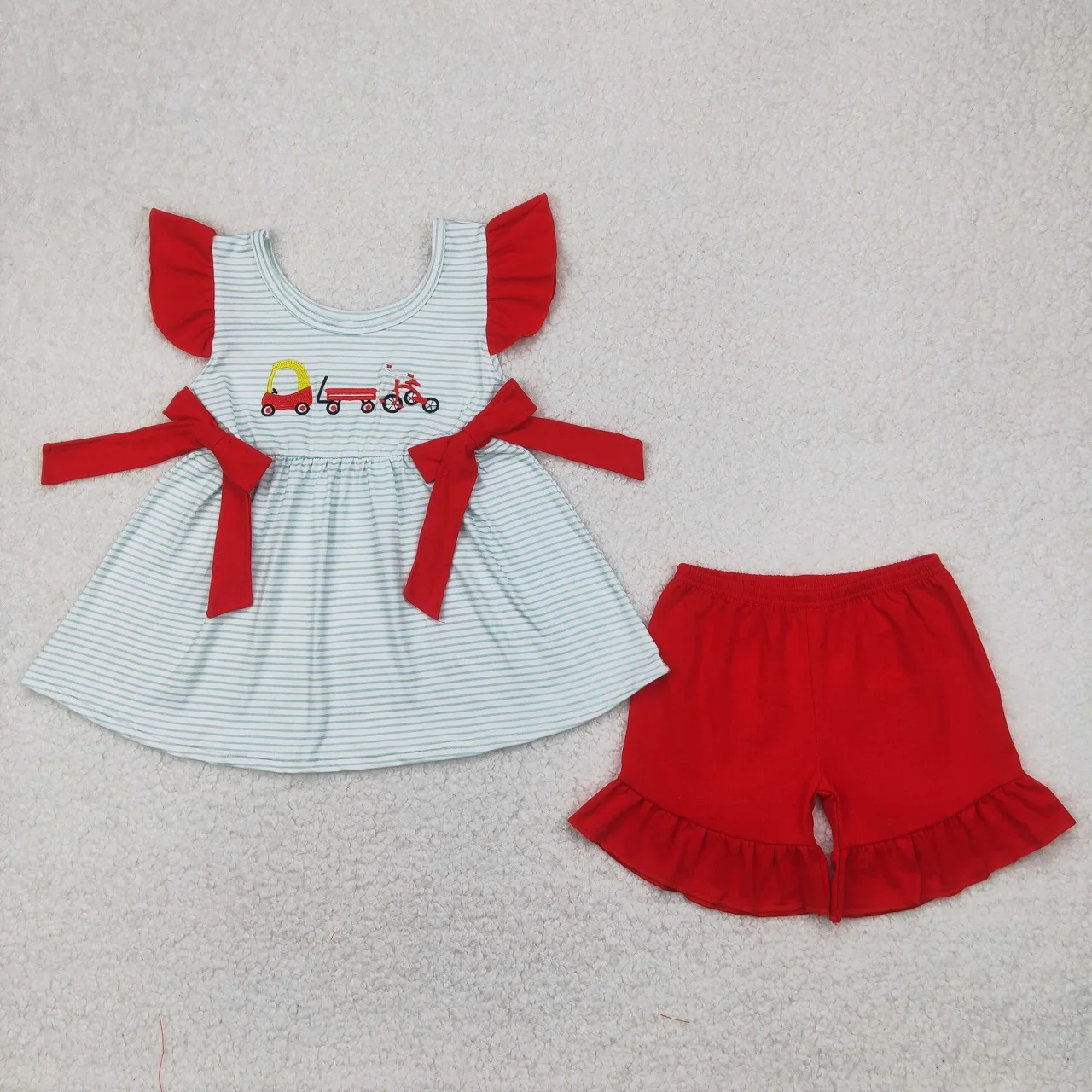 Wholesale Baby Girl Toddler Embroidery Short Sleeves Bows Stripes Tunic Red Cotton Shorts Clothes Outfit Children Kid Ruffle Set
Wholesale Baby Girl Toddler Embroidery Short Sleeves Bows Stripes Tunic Red Cotton Shorts Clothes Outfit Children Kid Ruffle Set