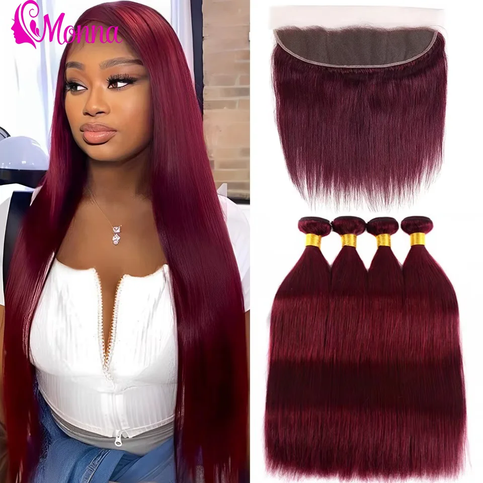 Monna Red 99j Burgundy Bone Straight Bundles and Frontal 13x4 100% Remy Human Hair Wine Red Colored Bundles with Closure Frontal
Monna Red 99j Burgundy Bone Straight Bundles and Frontal 13x4 100% Remy Human Hair Wine Red Colored Bundles with Closure Frontal
